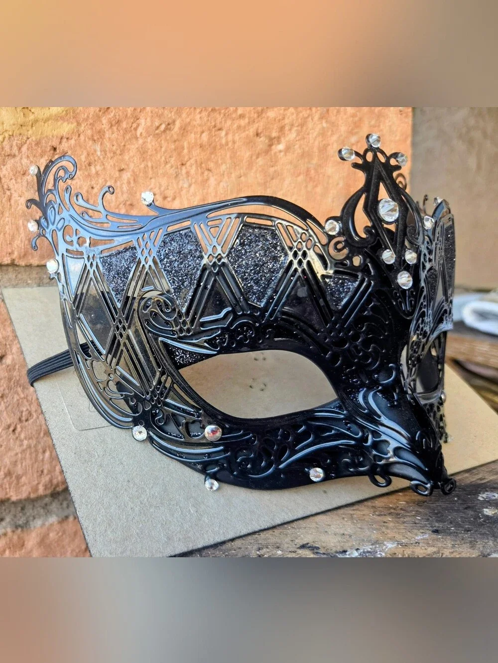SOLID Black Decorative Masquerade Mask with Rhinestones - Metal. NEW.